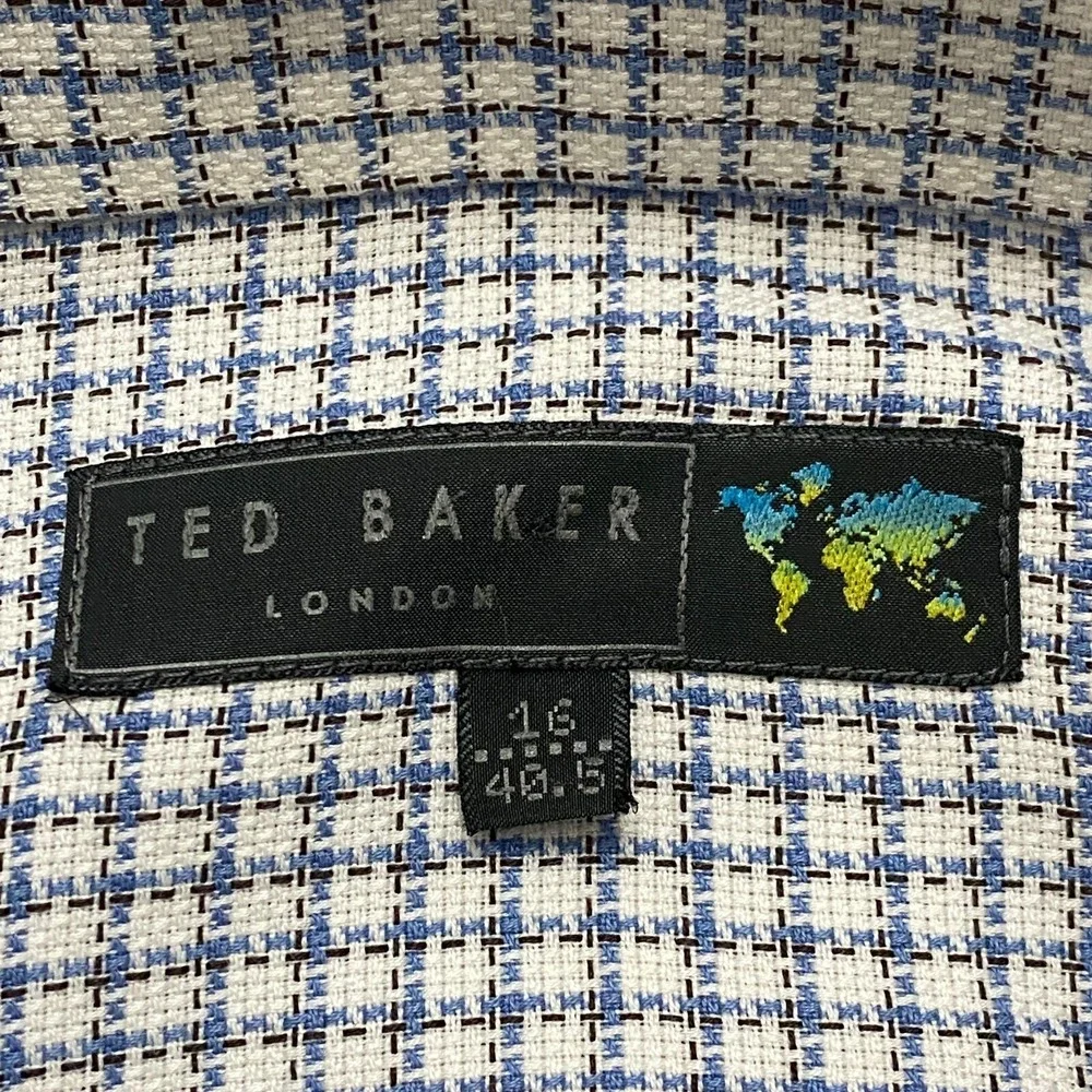 Ted Baker London Mens Dress Shirt Size 16 / 40.5 White Blue Plaid Long Sleeve